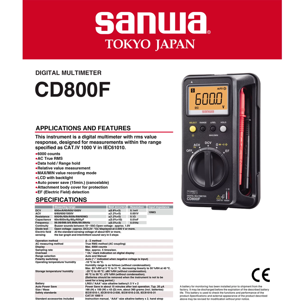 (1pc) Sanwa CD800F Digital Multimeter ( AC / DC 1000V ) ( 362006021 )